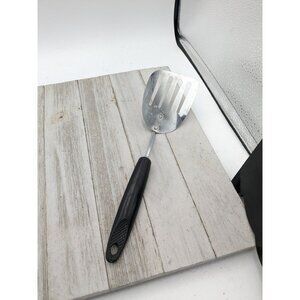 Vintage Ekco Short Spatula Slotted 9 3/4"  Black Handle Chromium Plated